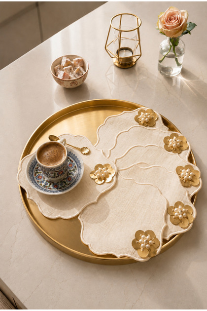 Set of 6 Gold Reflective Gardenia Fabric Coffee Side Presentation Napkins Cocktail Presentation Coasters Shemira
