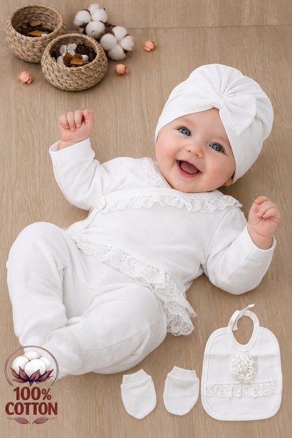 Kız Bebek Dantelli Lüks Fistolu Süslü 5 Li Hastane Çıkışı %100 Pamuk Yenidoğan Seti