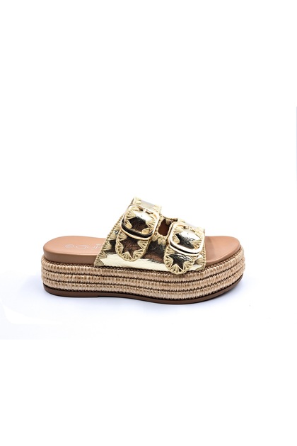 Double Buckle Padded Straw Sole Beige Gold Women's Slippers