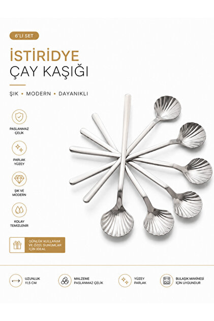 İstiridye Desenli Paslanmaz Çelik Çay Kaşığı Seti 6 Parça