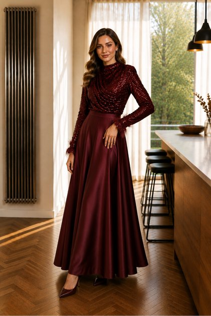 Üstü Pul ve Kolları Tül Detaylı Saten Abiye - Bordo