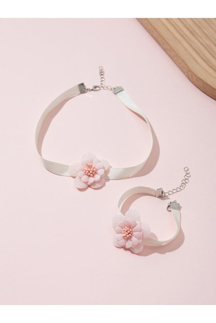 Pack of 2 - Pink Flower Choker and Bracelet
