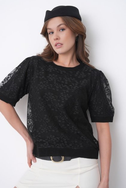 Women's Crew Neck Tulle Detailed Short Sleeve Knitwear Blouse