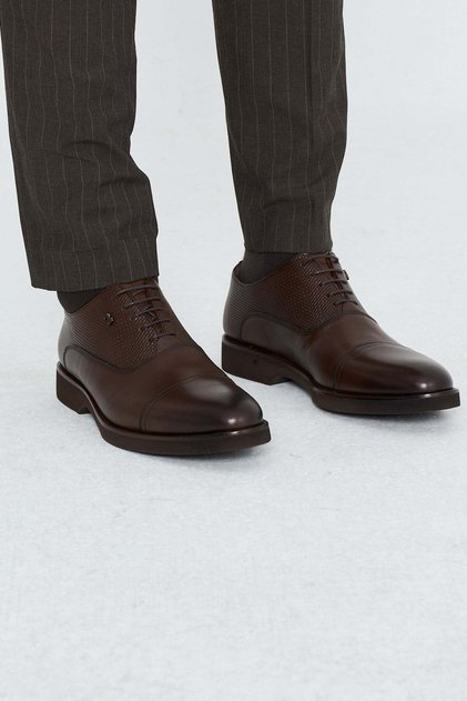 Brown genuine leather lace-up men's classic shoes