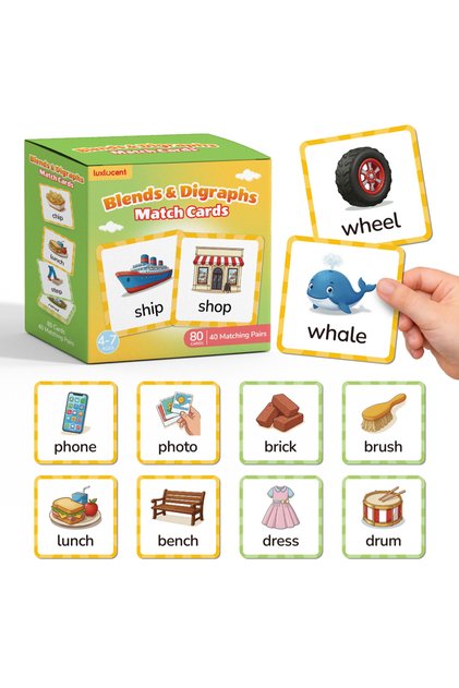 1set(80pcs) 80pcs Blends & Digraphs Rhyming Words Flash Cards, Memory Match Game , Phonics Learning