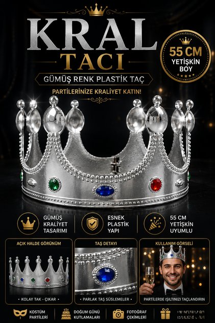 Gümüş Renk Plastik Kral Tacı – Yetişkin Boy Parti ve Kostüm Tacı 55 cm