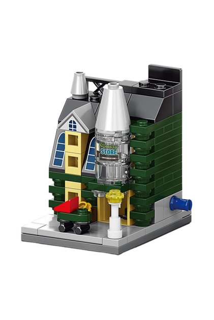 Set de Constructie, Flippy, Jucarie Educativa STEM, 103 Piese, Model 3D, +6 Ani, Colectia Strada Comerciala Europeana, 6.4 x 5.6 x 7 cm, Verde/Gri