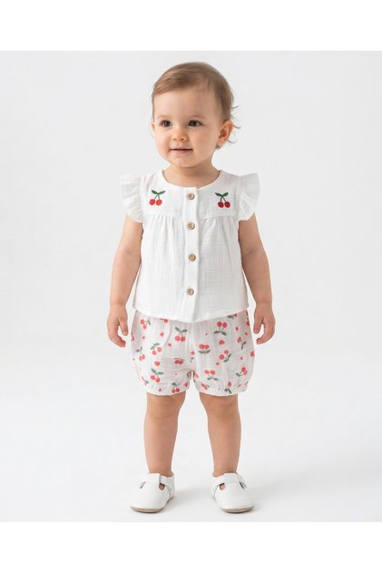 Baby Girl Muslin Shorts Set Cherry Patterned Summer 2-Piece Set