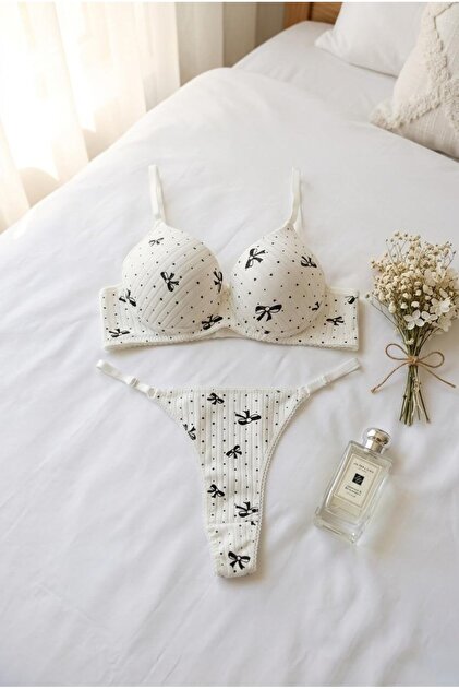 Ribbed Ribbon Patterned Supportive Bra Set Black