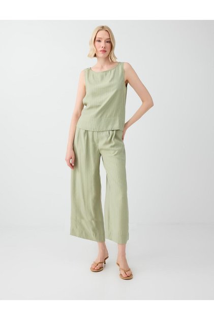 Khaki Boat Neck Sleeveless Striped Modal Woven Blouse