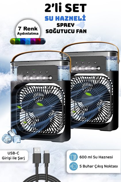 2'li Sprey Soğutucu Fan - Led Işıklı Hava Nemlendirici Püskürtmeli Taşınabilir Vantilatör Siyah