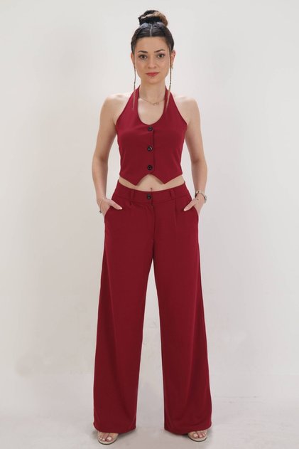 Women's Backless Button Detailed Vest and Palazzo Pants Two-Piece Set