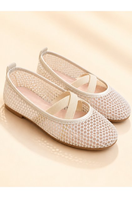 Vespera Cream Mesh Detailed Rubber Band Girls' Ballerinas (Attention: Narrow Fit)