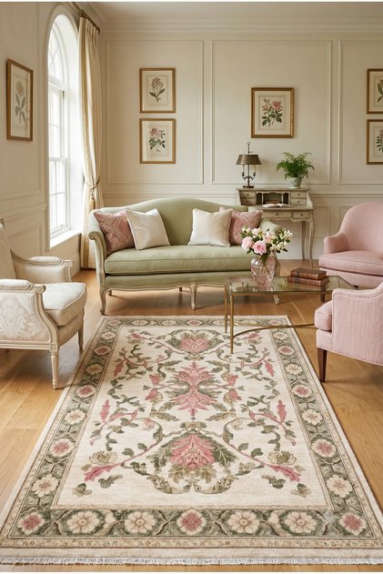 Salon Halısı Pudra Pembe Yeşil Çiçek Desenli Kaymaz Taban TH-3036