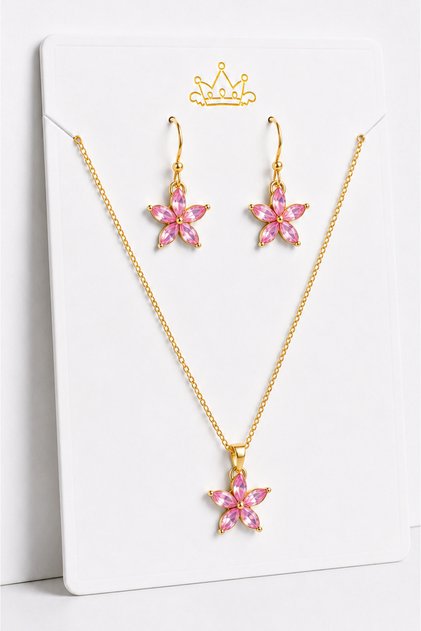 Lotus Flower Figured Gold Necklace and Earring Jewelry Set – Women's Accessory with Zircon Stones