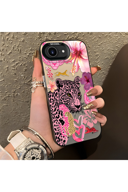 iPhone 16E Compatible Silicone Edge Hard Back Case Couple Phone Case Leopard Pattern