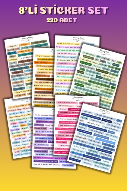 8'li Renkli Mini Yazı Sticker sayfası , Defter,ajanda ,journal,scrapbook,için Uygundur