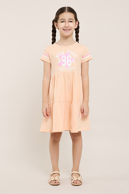 Printed Flared Dress Wit Crew Neck and Short Sleeves