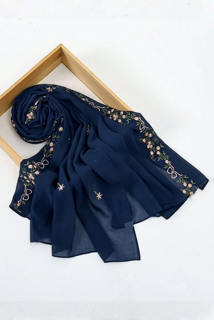 Çiçek İşlemeli Şifon Başörtüsü | Alabilen Hijab Şal