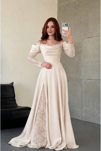 Royal Dantel Detaylı Ekru Abiye
