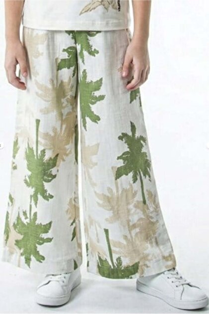 Nk Girl's Palm Tree Patterned Wide Leg Pants 8-14 Years Ecru - Green