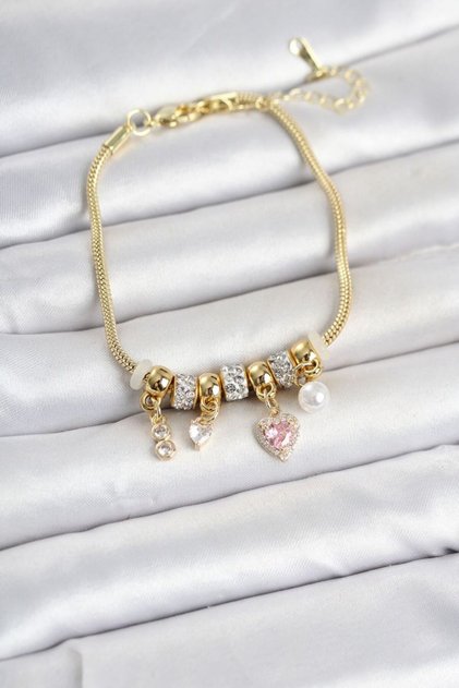 Brass Gold Color Heart Detailed Charm Women's Bracelet