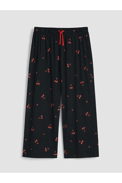 Black Elastic Waist Patterned Women's Capri Pajama Bottoms