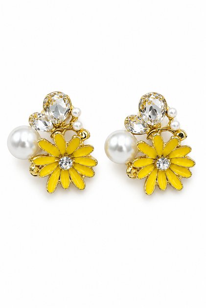 Summer Luxury Women's Yellow Enamel Daisy and Pearl Detailed Steel Earrings