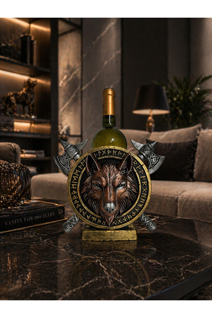 Suport pentru sticle de vin lup viking cu rune și topoare – decorațiune premium