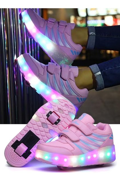 (988-Pink)Kids Roller Skates Shoes with Lights Kids Skates Sneakers LED Light Up Rechargeable Wheels Shoes with Lights Outdoor Slip On Roller Skates Shoes Sneakers for Beginners Gift