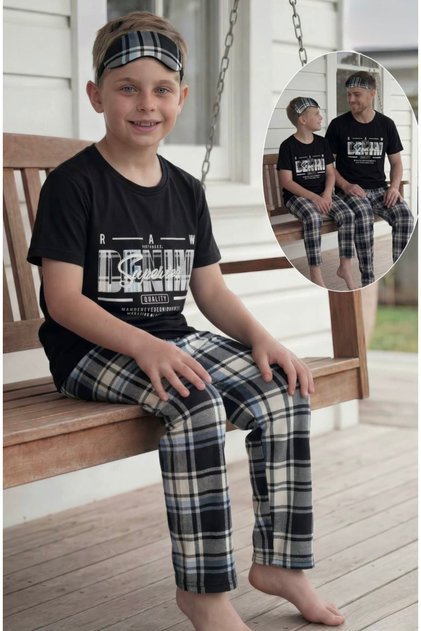 Boys' 5-14 Years Old Cotton Black Color Lettering and Plaid Patterned Short Sleeve Pajama Set (with Sleep Band as a Gift)