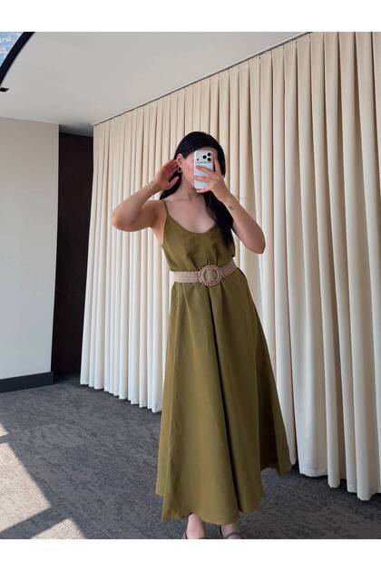 Olive Strap Belted Dress - 3303