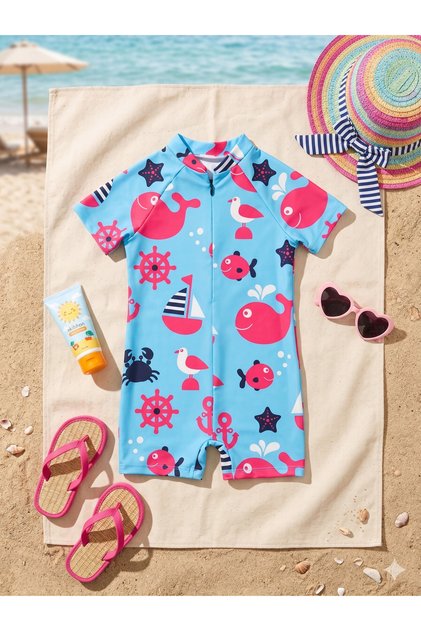 Unisex Children's Sea Creatures Patterned Zippered Jumpsuit Swimsuit