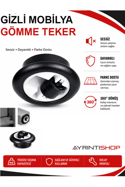Gömme Mobilya Tekeri Gizli Montajlı Dolap Çekmece Sehpa Masa Tekerlek Seti 1 Adet