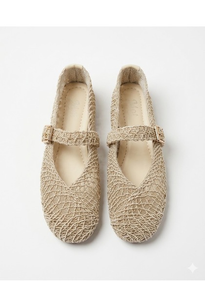 Elara Cream Mesh Knitted Textured Hidden Elastic Gold Buckle Detailed Mary Jane Flat Sole Summer Comfortable Women's Ballerinas