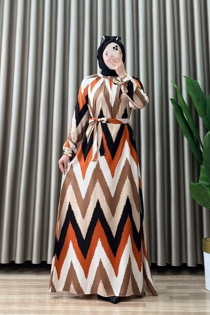 Ada Dress Viscose Fabric Women's Black Zigzag Patterned Hijab Dress with Mobile Belt