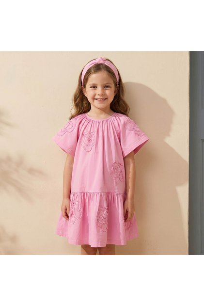 Round Neck Short Sleeves Knee Length Drop Waist Dress with Floral Lace Detail