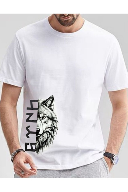 Men's White Göktürkçe Turkish Written Wolf Printed Crew Neck Standard Regular Fit Cotton T-Shirt with Gray Wolf Pattern Design Sports T-Shirt
