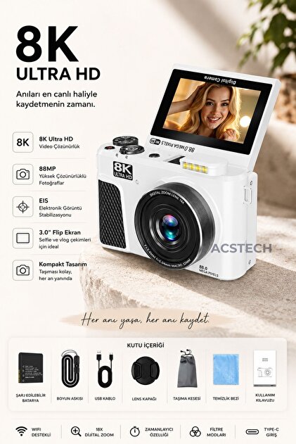 爆速SSD タッチ可 810 8GB 無線 Bluetooth カメラ ACSTECH 8K Dijital Fotoğraf Makinesi 88MP | WiFi Bağlantı | 3.0