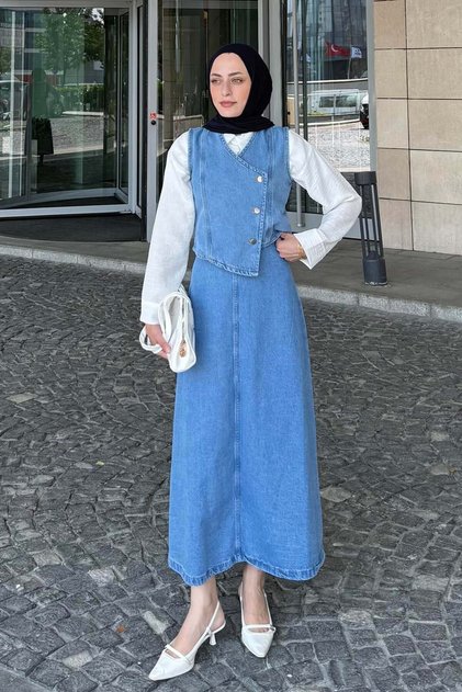 Kruvaz Closed Denim Skirt Suit Blue