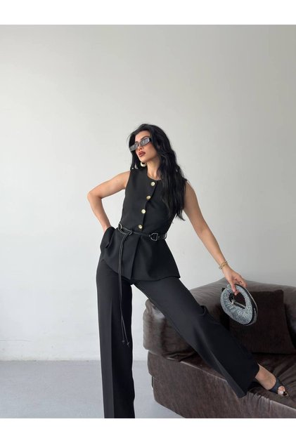 Women's Buttoned Belted Vest and Palazzo Pants Two-Piece Set