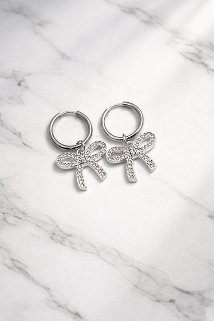 Silver Color Zircon Stone Bow Figure Earrings