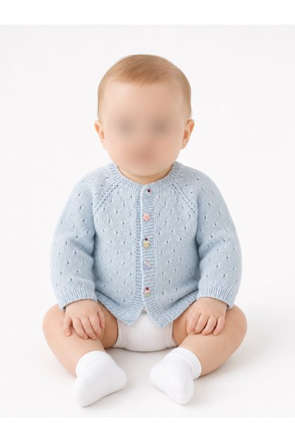 Hand Knitted Light Blue Baby Cardigan with Cupcake Buttons Made of 100% Organic Cotton