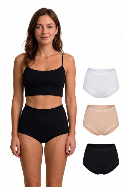 Women's Modal High Waist Gathering Panties 3-Pack M-L-Xl-2Xl Black White Skin