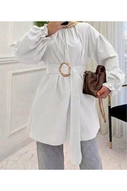 White Cotton • Pleated Belt Detail Hijab Shirt Tunic • Oversized Comfortable Fit