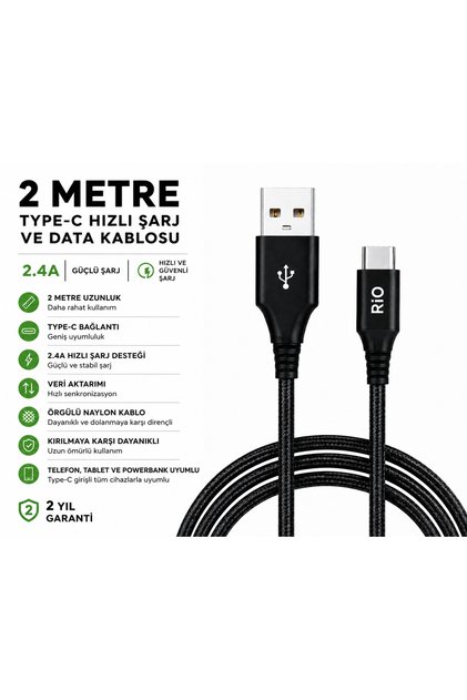 Bükülmeye Dayanıklı 2 Metre Type-C Hızlı Şarj ve Data Kablosu Örgülü Naylon Kablo