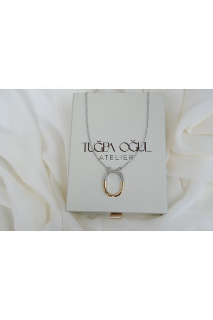 Kol505 Gold & Silver Color Zircon Stone Detail Oval Model Silver Steel Necklace