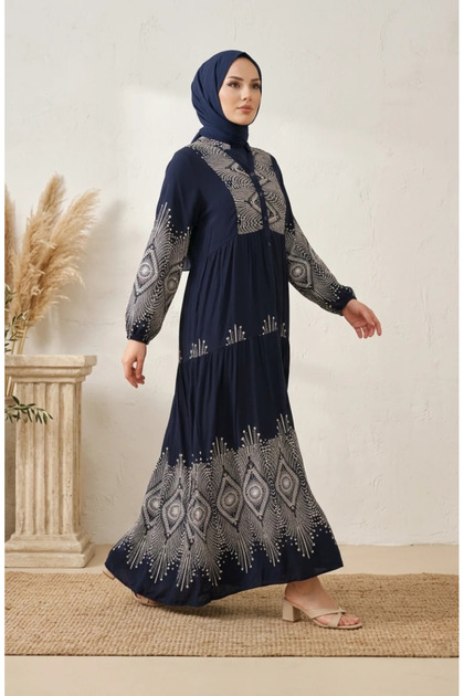 Viscose Fabric Patterned Dress 5586-02 Navy Blue