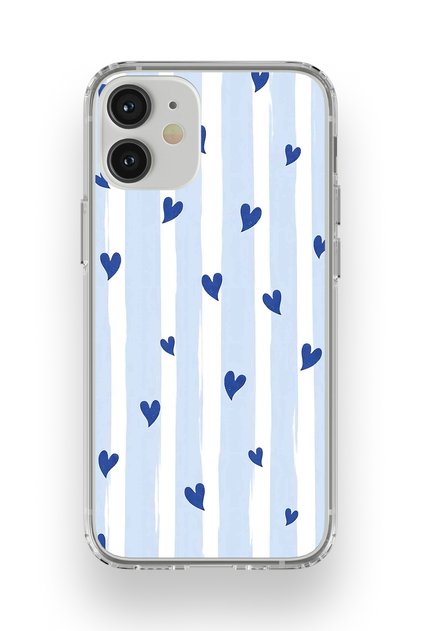 iPhone 12 Mini Compatible Blue Hearts Patterned Transparent Phone Case
