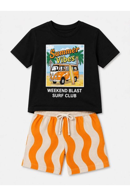 Boys' Summer Vibes Printed Black T-Shirt and Summer Shorts Set